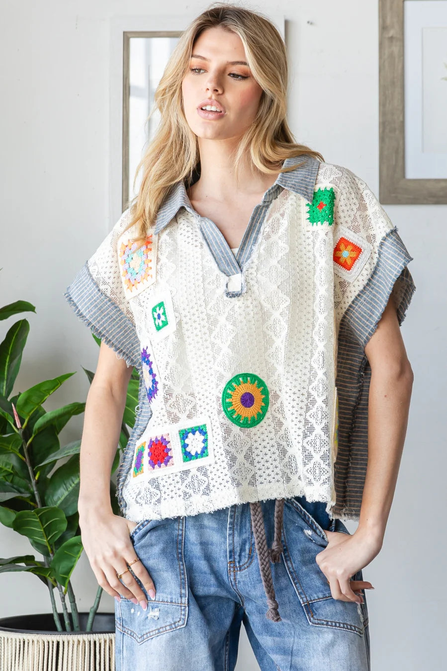 OLI AND HALI MIX MATCH CROCHET PATCHED LACE COLLAR TOP