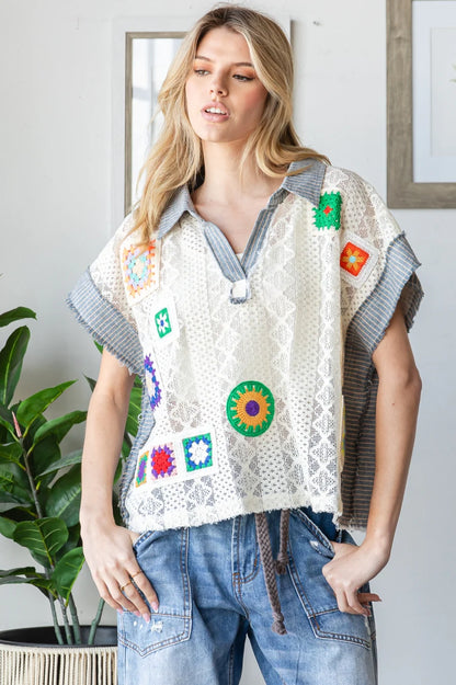 OLI AND HALI MIX MATCH CROCHET PATCHED LACE COLLAR TOP