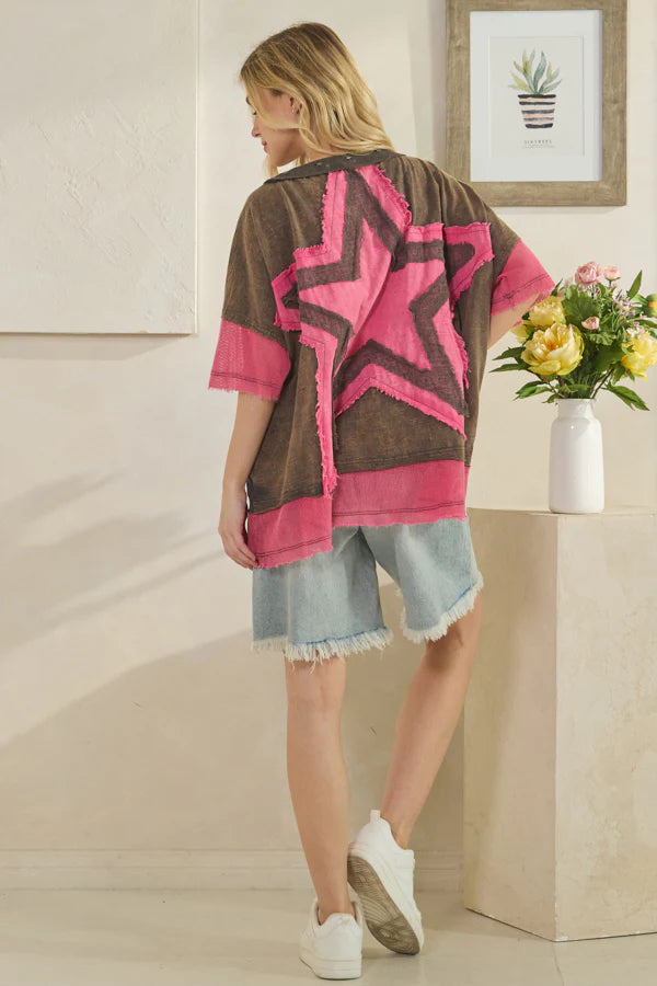Oli & Hali  WASHED STAR PATCHWORK FINSH NET CONTRAST KNIT TOP