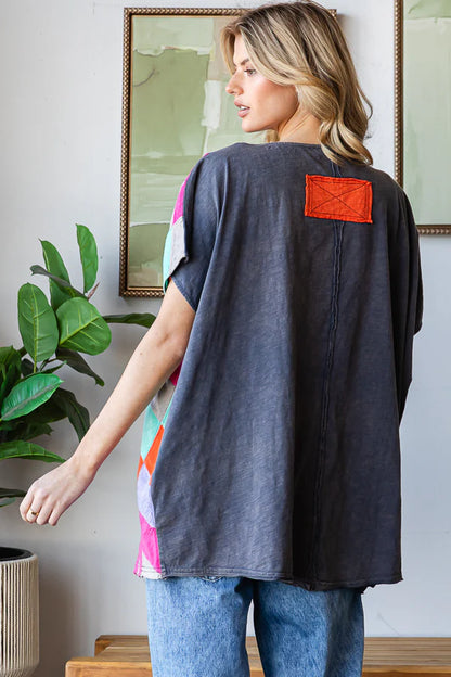 OLI AND HALI WASHED MULTICOLOR GEO PATCHWORK OVERSIZED TOP