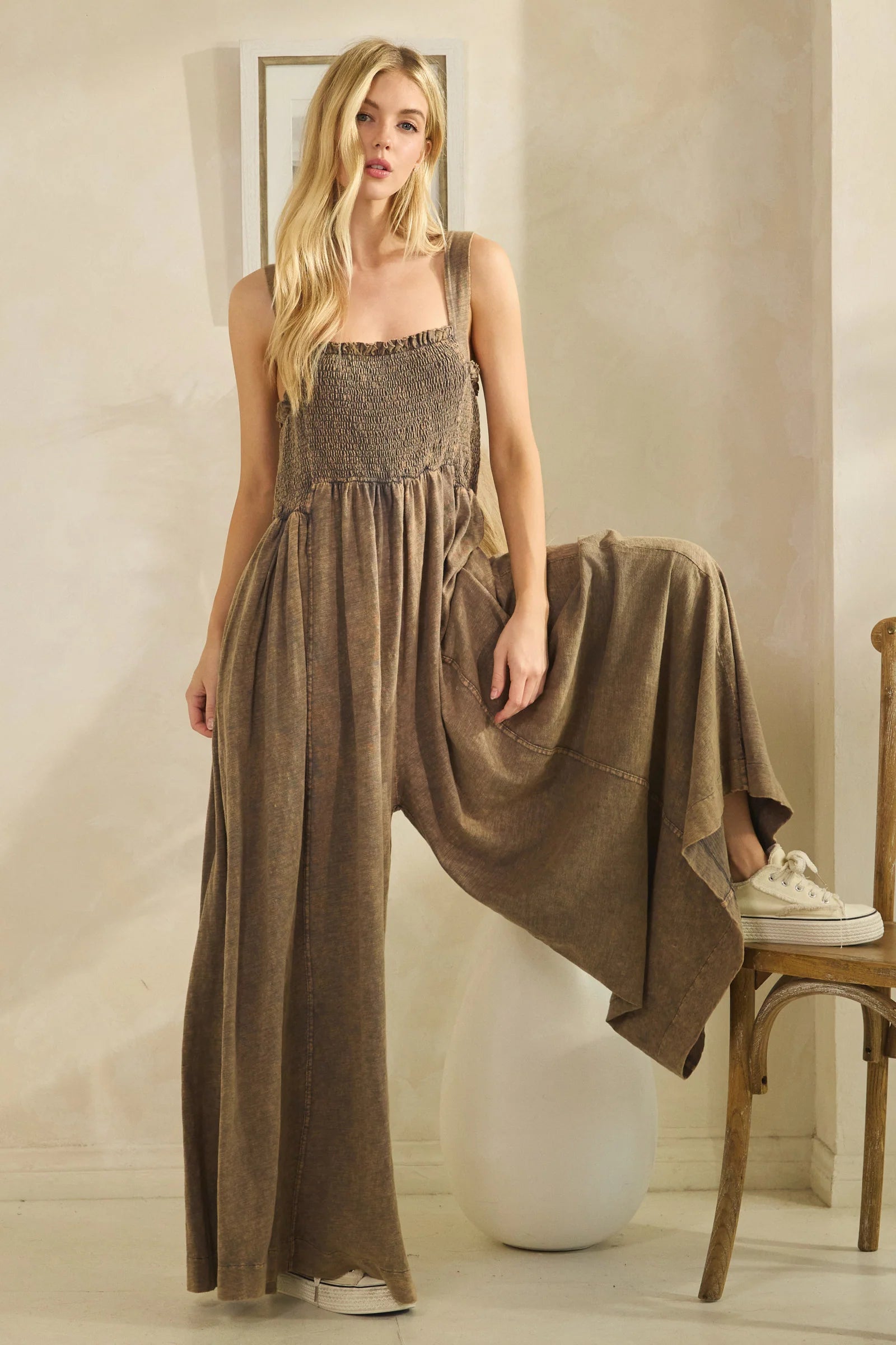 Oli & Hali Washed Wide Leg Smocked Top Knit Jumpsuit