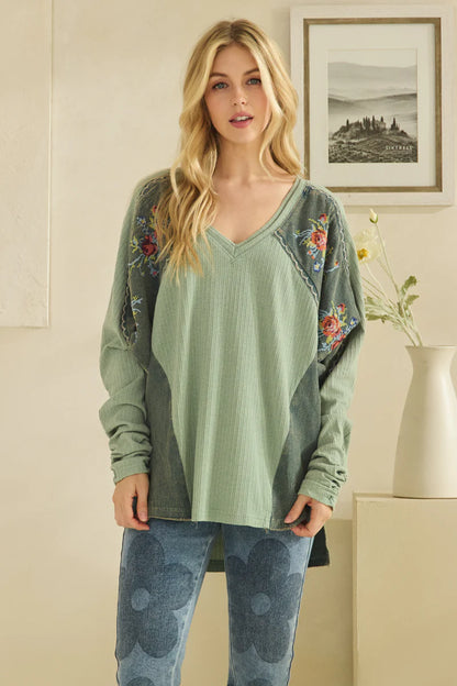 OLI AND HALI  WASHED FABRIC FLORAL EMBROIDERY RUCHED SLEEVE TOP