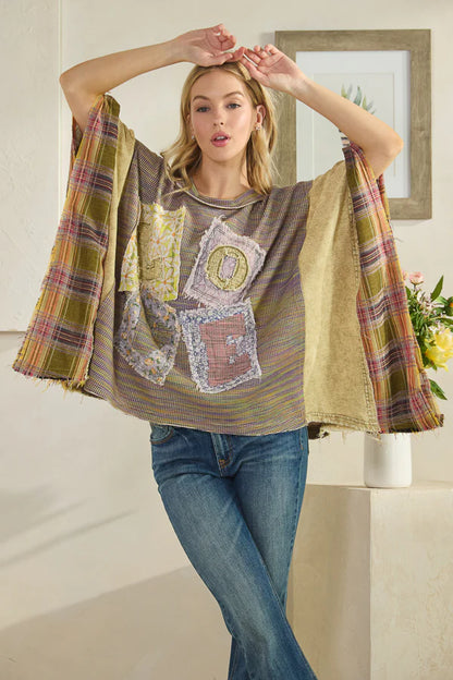 OLI AND  HALI LOVE PATCHWORK DETAIL MIXED FABRIC TOP