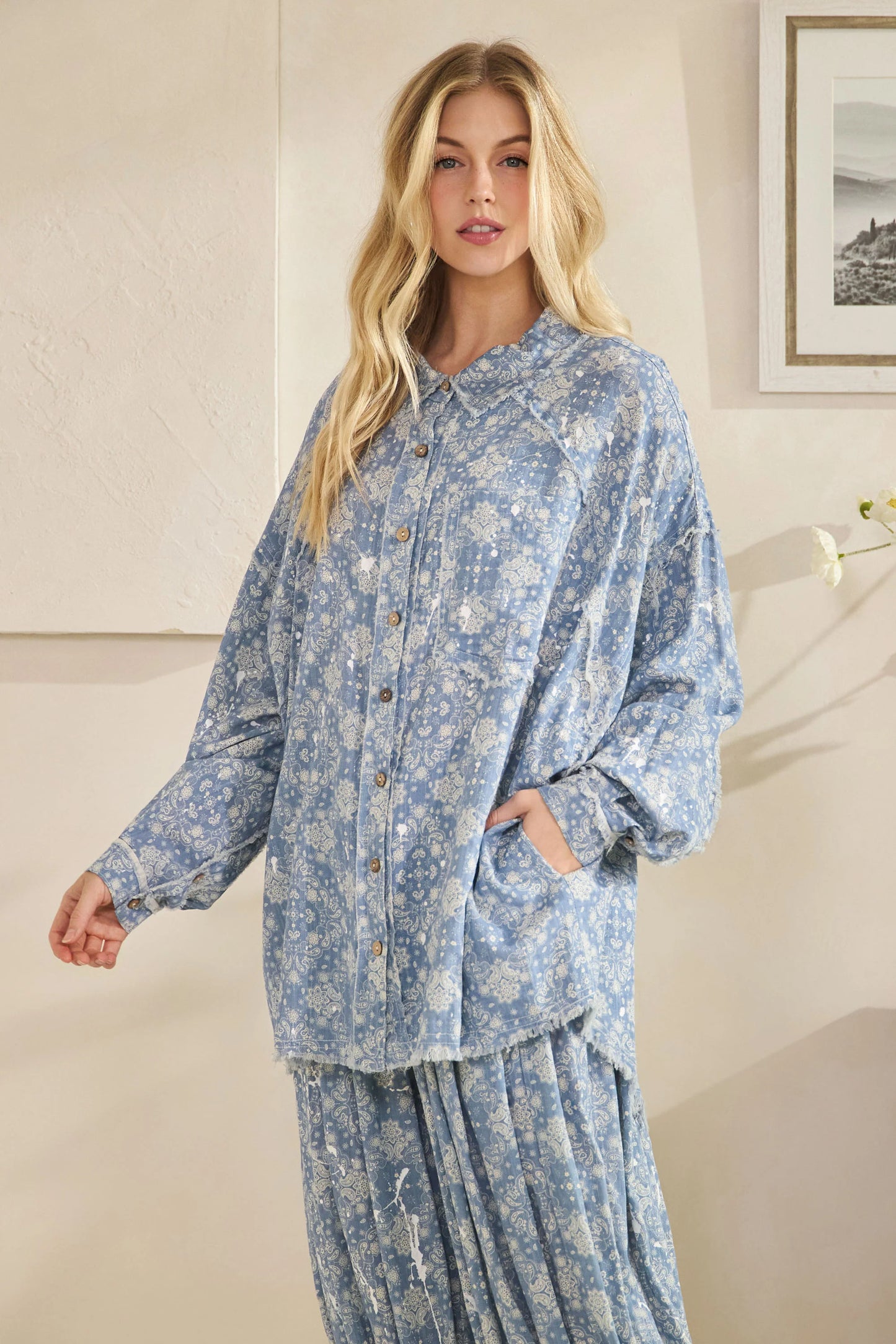 Oli and Hali Washed Paisley Printed Button Down Shirt - Front view