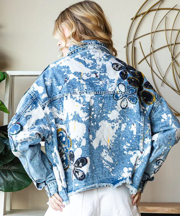 Daisy Applique Distressed Denim Jacket - Back View