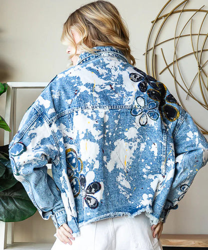 Daisy Applique Distressed Denim Jacket - Back View
