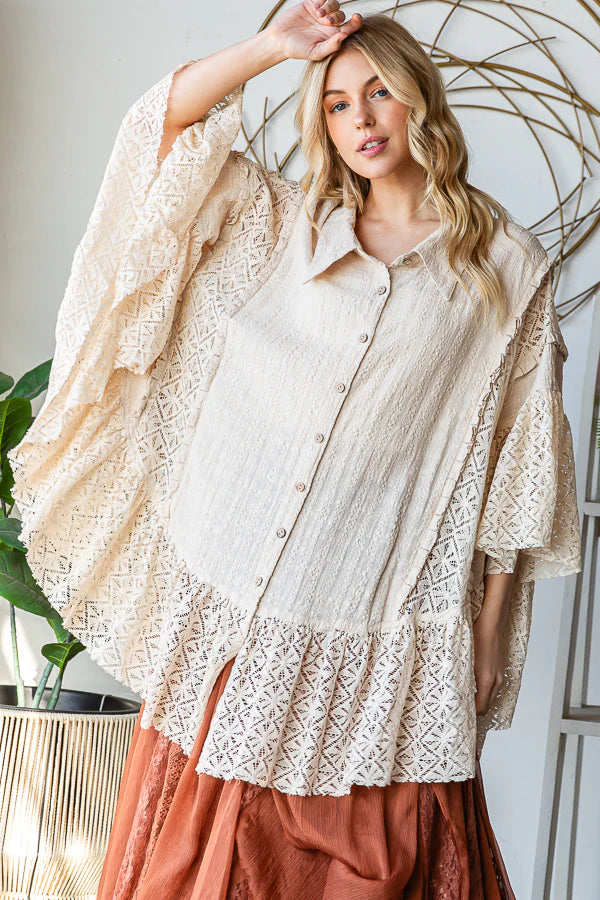 OLI AND HALI WASHED LACE RUFFLE HEM BUTTON FRONT SHIRT