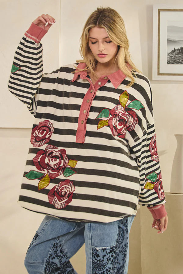 OLI AND HALI  ROSE PATCH STRIPE BUTTON DOWN SHIRT