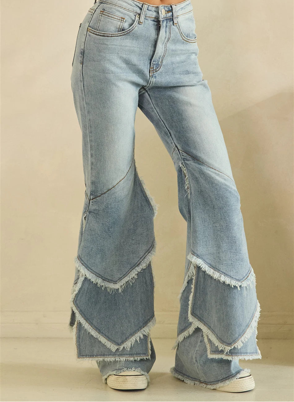 Oli and Hali Washed Tiered Frayed Hem Flare Jeans - Front view