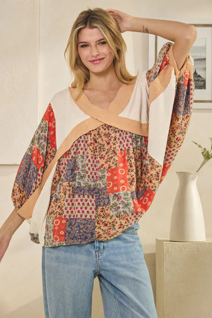 Oli & Hali Washed Rib Crossed Patchwork Top