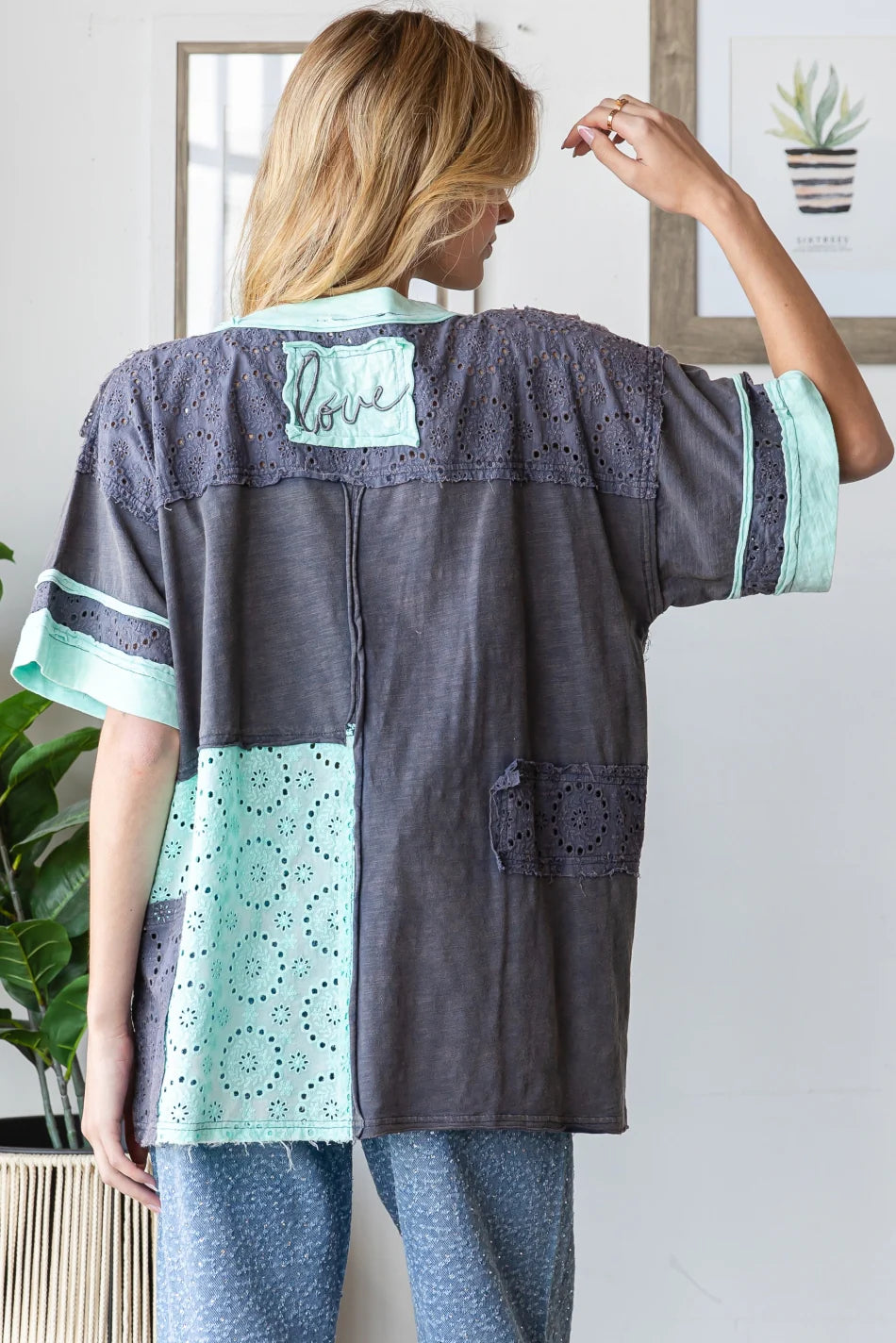 Oli & Hali Washed Eyelet Mixed Fabric Love Tee