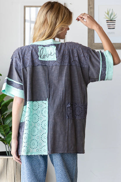 Oli & Hali Washed Eyelet Mixed Fabric Love Tee