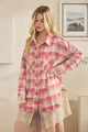 OLI AND HALI WASHED PLAIDS AND EMBROIDERED MESH MIX SHACKETS