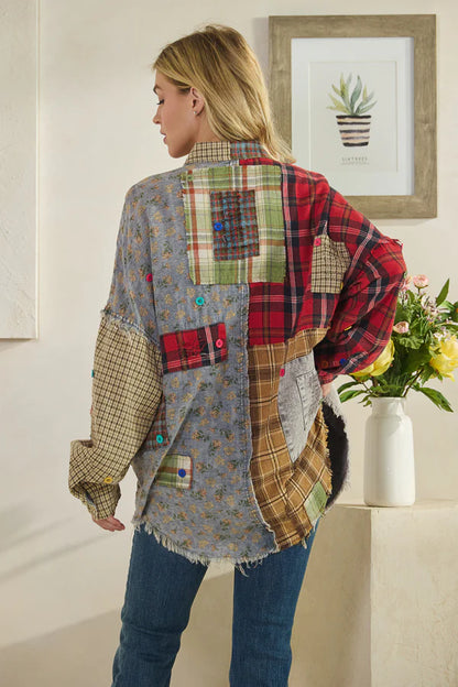 OLI AND HALI COLORBLOCK PATCHWORK PLAID BUTTON DOWN SHIRT