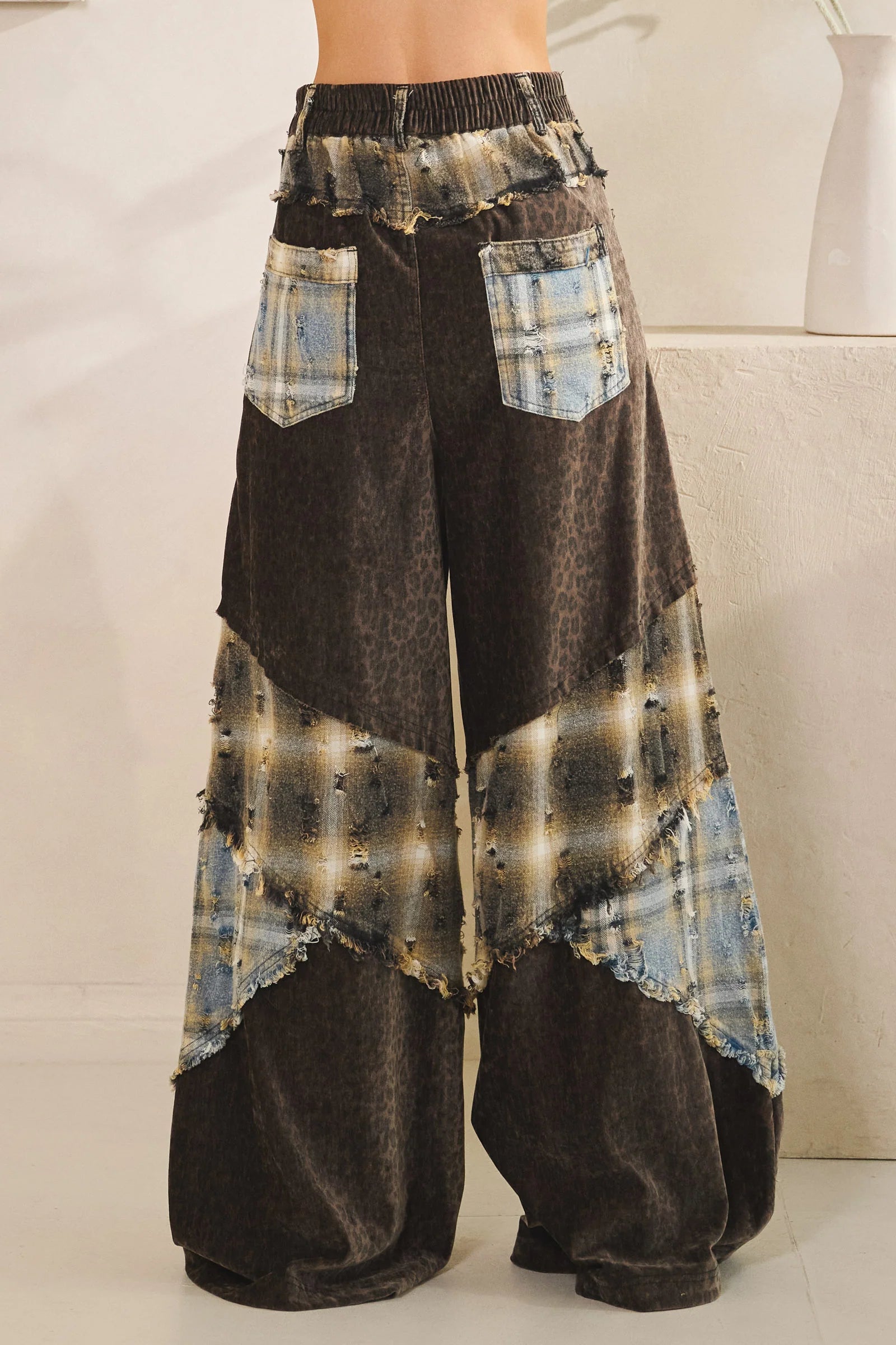 Oli and Hali WASHED PLAID LEOPARD DETAILED PANTS