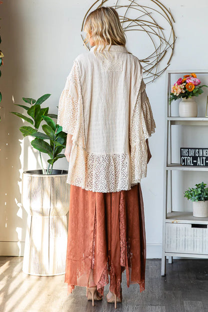 OLI AND HALI WASHED LACE RUFFLE HEM BUTTON FRONT SHIRT