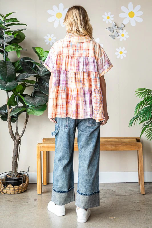 Oli & Hali Bleached Multicolor Plaid Short Sleeve Shirt