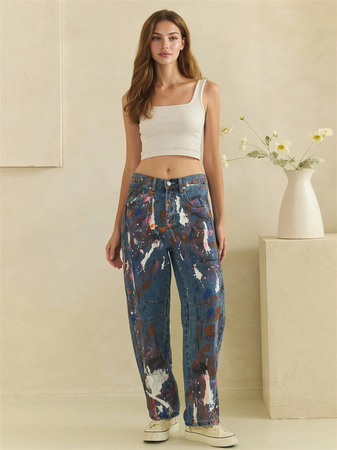 Oli and Hali PAINT SPATTERED BARREL JEANS
