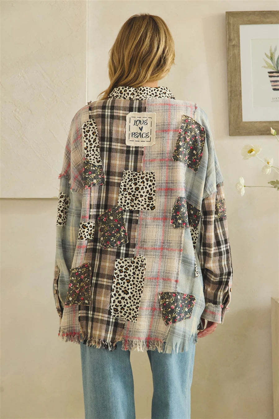 Oli and Hali Washed Leopard Floral Patch Mix Button Down Shirt - Back view showing Love Peace patch