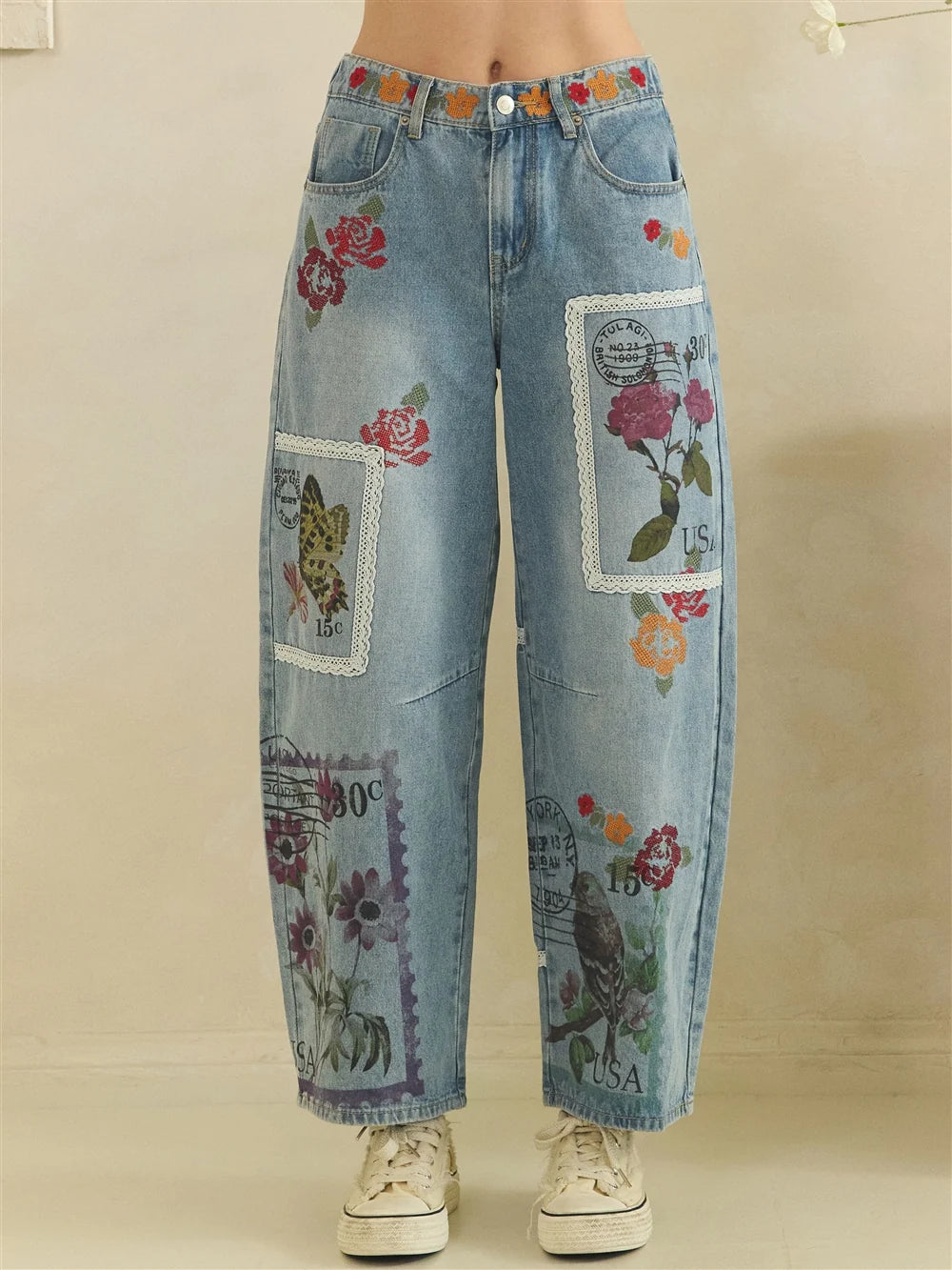 Oli & Hali Postage print embroidery combo barrel Jeans
