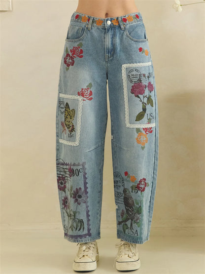 Oli & Hali Postage print embroidery combo barrel Jeans