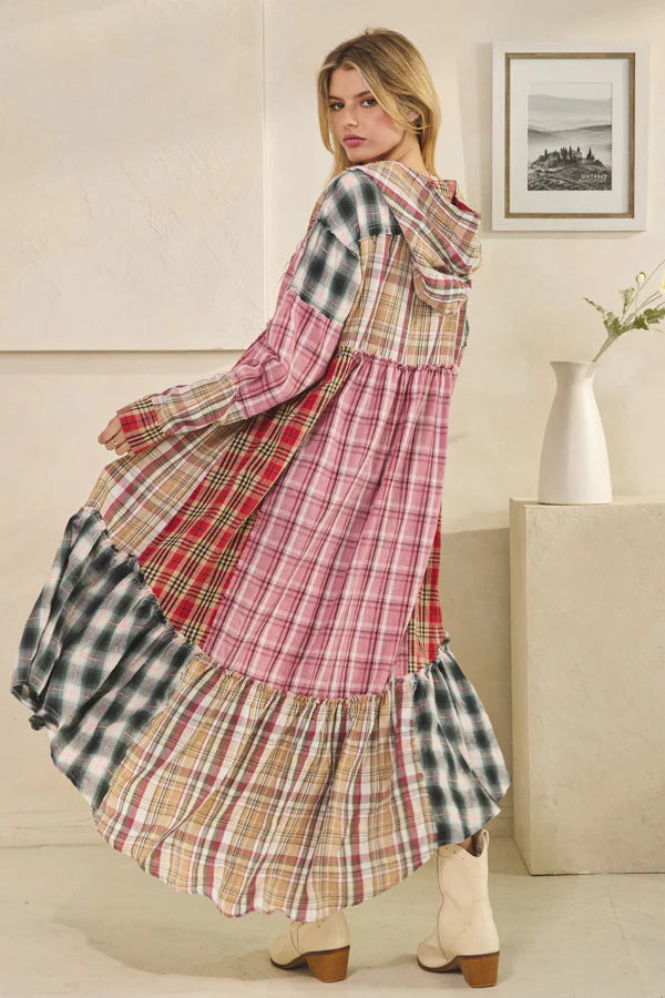 OLI AND HALI WASHED PLAID MIXED HOODED LONG SLEEVE DUSTER