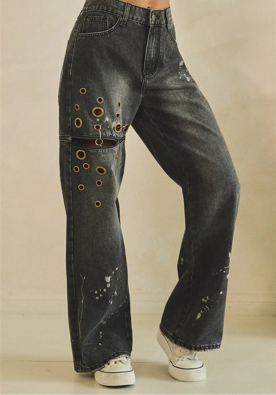 Oli and Hali Washed Multi Eyelet Ring Trim High Waist Jeans - Front