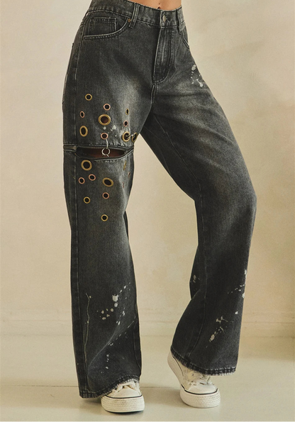 Oli and Hali Washed Multi Eyelet Ring Trim High Waist Jeans - Front