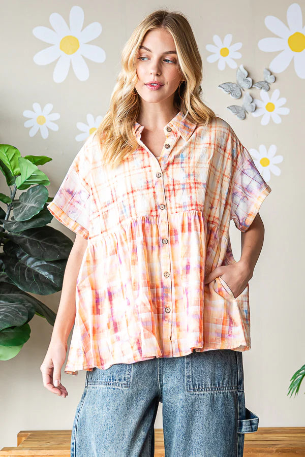 Oli & Hali Bleached Multicolor Plaid Short Sleeve Shirt