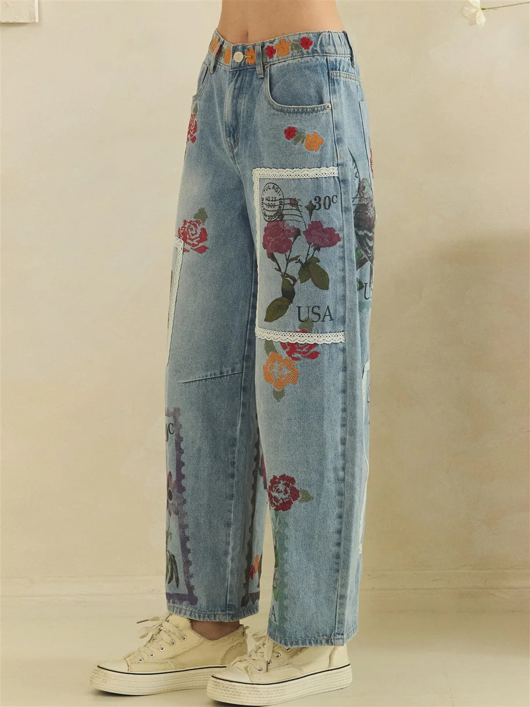 Oli & Hali Postage print embroidery combo barrel Jeans