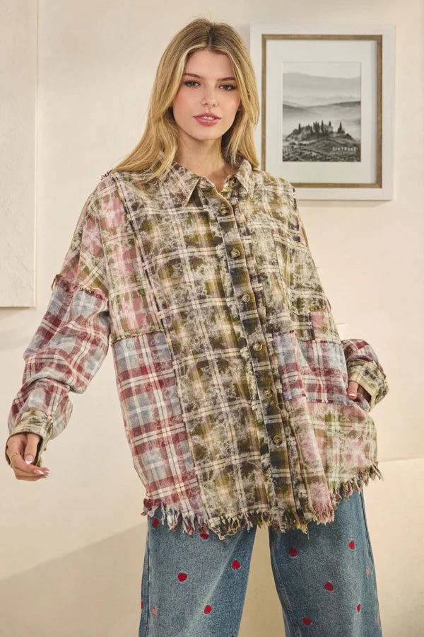 OLI AND HALI WASHED PLAID MIXED BUTTON DOWN FRAYED HEM SHIRT