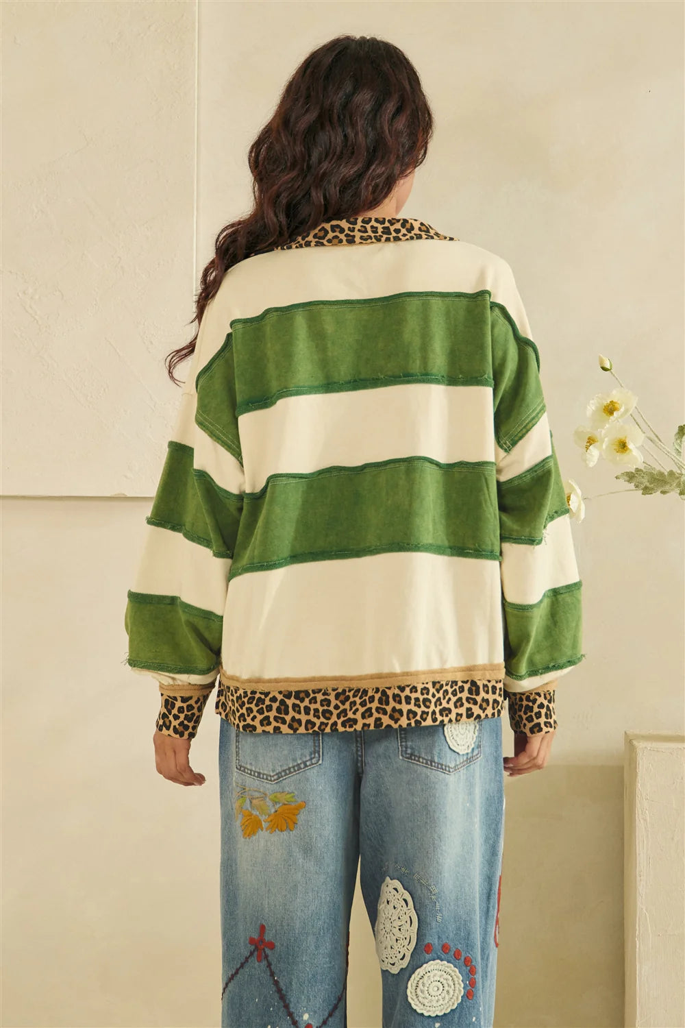 Oli and Hali Washed Contrast Stripe Lace Up Top - Green Combo back view