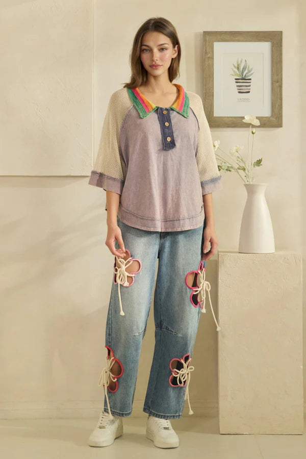 Oli & Hali Washed Crochet Collared Top