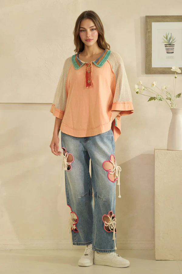 Oli & Hali Washed Crochet Collared Top