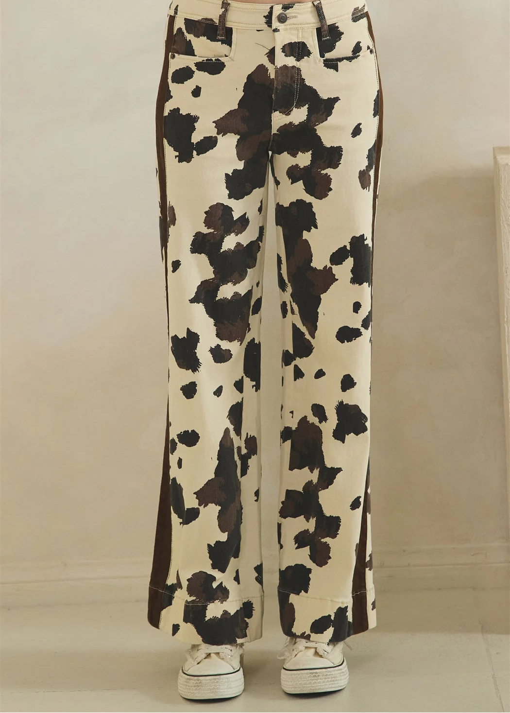Oli and Hali Cow Print Detail Wide Leg Jeans - Front view