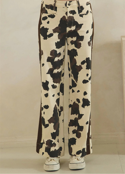 Oli and Hali Cow Print Detail Wide Leg Jeans - Front view