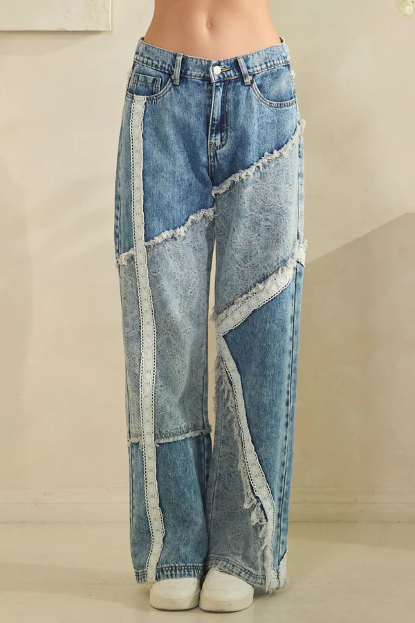 Washed Patchwork Denim Wide Leg Jeans - Front View