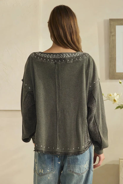 OLI AND HALI WASHED X STITCH DETAIL FABRIC MIX LONG SLEEVE TOP