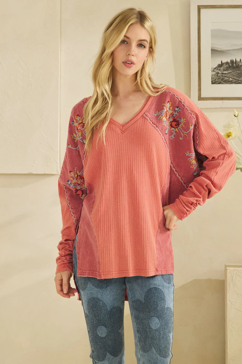 OLI AND HALI  WASHED FABRIC FLORAL EMBROIDERY RUCHED SLEEVE TOP