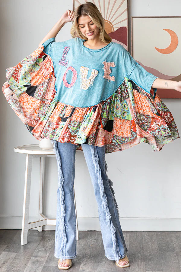 WASHED ROUND NECK LOVE PATCHWORK RUFFLE HEM TOP
