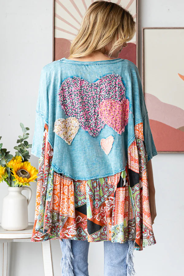 WASHED ROUND NECK LOVE PATCHWORK RUFFLE HEM TOP