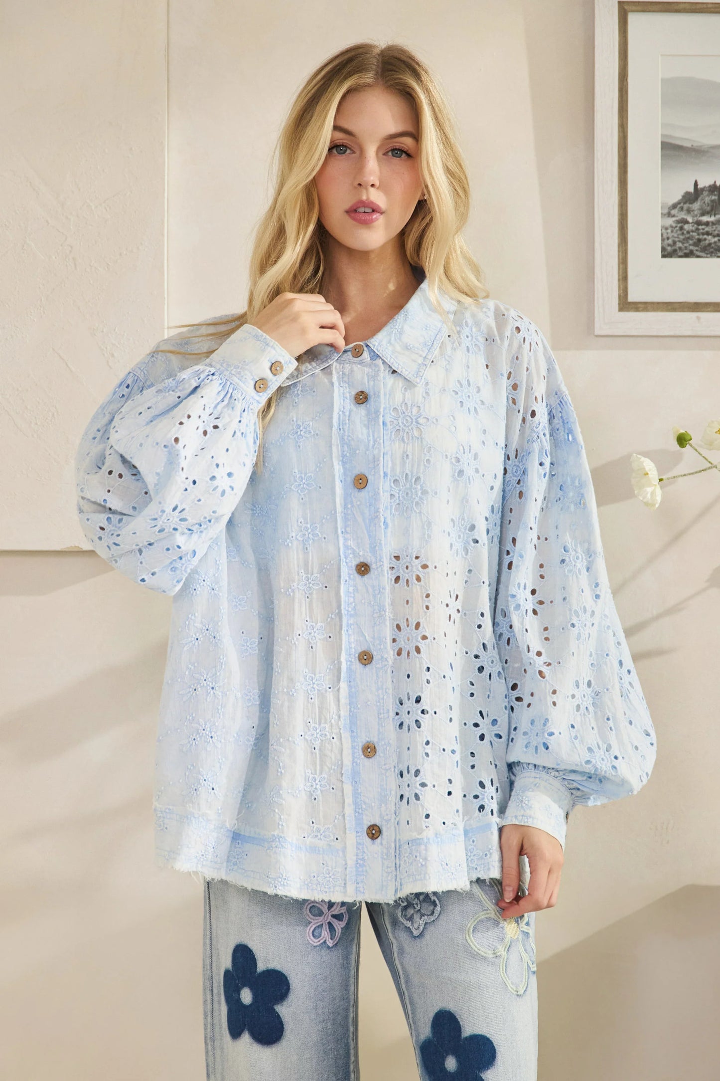 Oli and Hali Washed Eyelet Mix Button Down Collared Shirt - Front view
