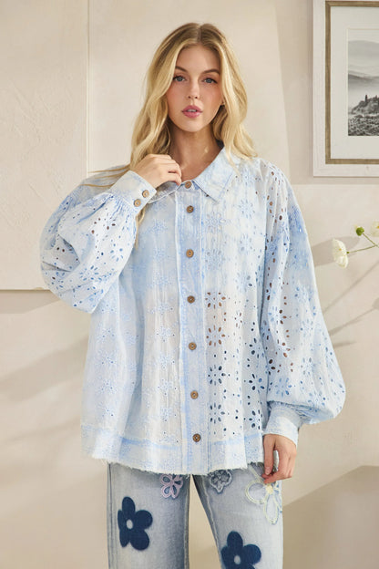 Oli and Hali Washed Eyelet Mix Button Down Collared Shirt - Front view