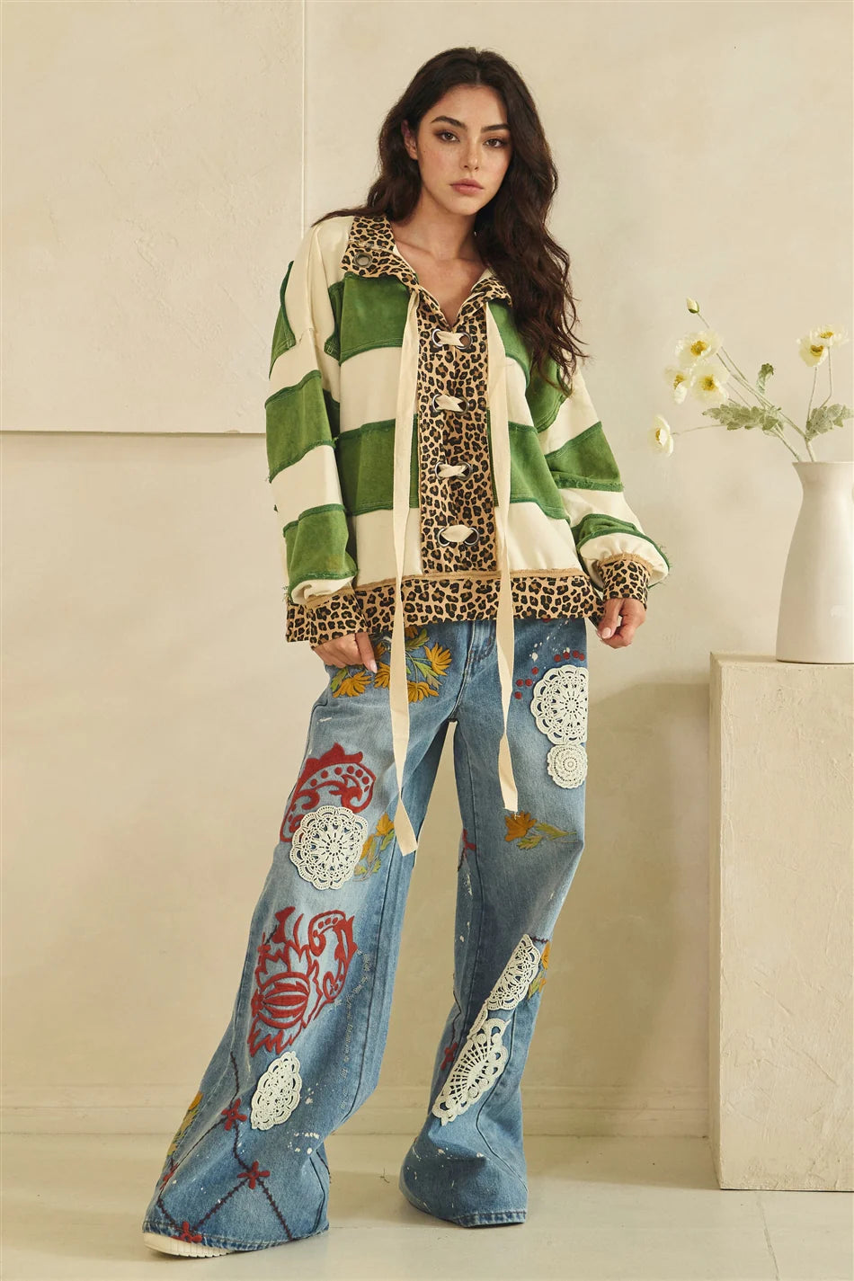 Oli and Hali Washed Contrast Stripe Lace Up Top - Green Combo front view with styling