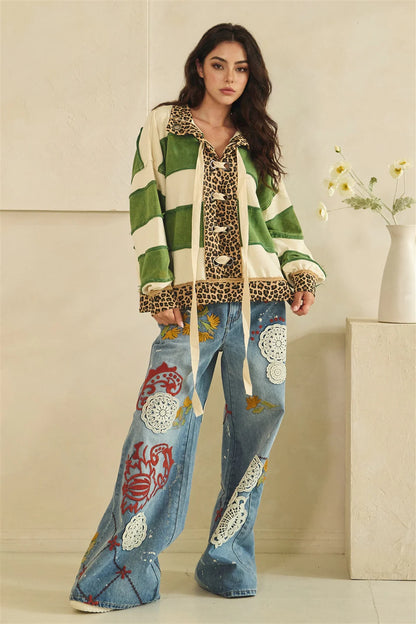 Oli and Hali Washed Contrast Stripe Lace Up Top - Green Combo front view with styling