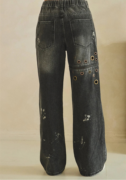 Oli and Hali Washed Multi Eyelet Ring Trim High Waist Jeans - Back