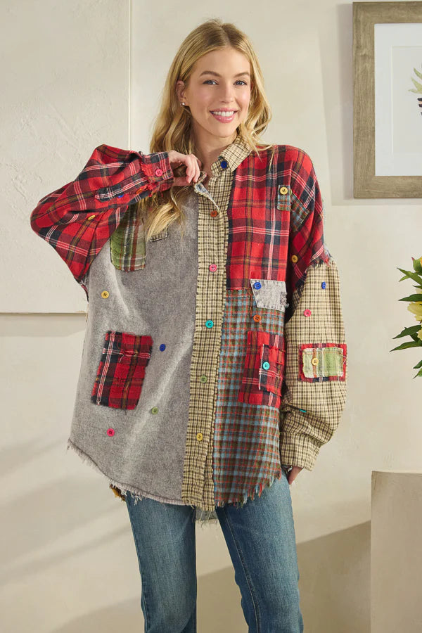 OLI AND HALI COLORBLOCK PATCHWORK PLAID BUTTON DOWN SHIRT