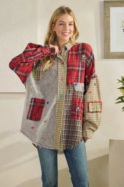 OLI AND HALI COLORBLOCK PATCHWORK PLAID BUTTON DOWN SHIRT
