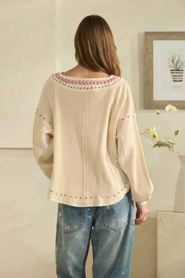 OLI AND HALI WASHED X STITCH DETAIL FABRIC MIX LONG SLEEVE TOP