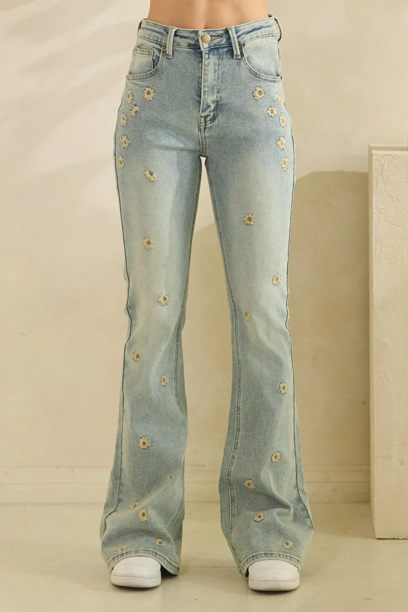 OLI AND HALI WASHED FLORAL EMBROIDERED DENIM JEANS